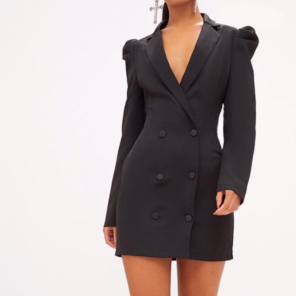 Black Puff Sleeve Button Up Blazer Dress